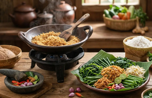 Gudangan Sayuran Kukus Kelapa Parut, Cara Menyangrai Kelapa Tanpa Minyak Tambahan cover